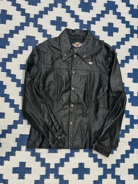 Harley Davidson Leather Shirt Jacket Vintage Collar Snap Buttons Black Size L